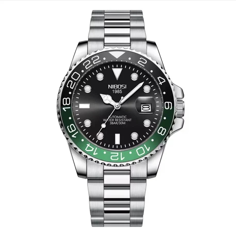 Nibosi Majestic Men's Automatic Watch – Silver-Green & Black
