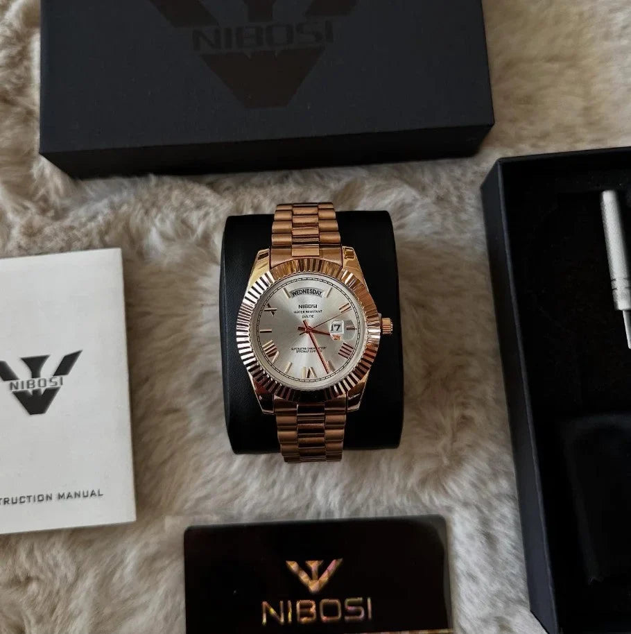 Nibosi Royale Men's Day-Date Watch – Rose Gold & White