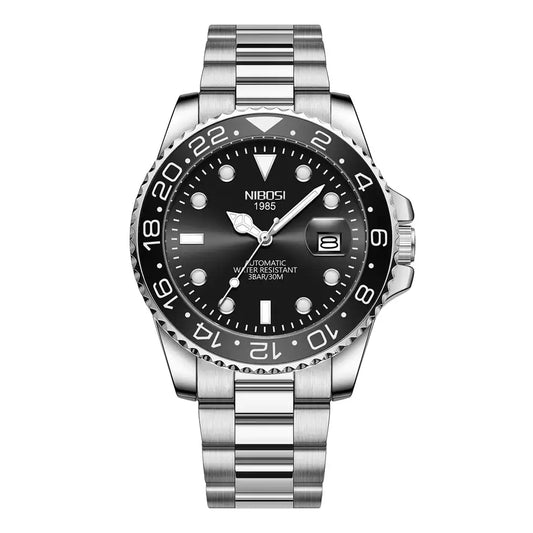 Nibosi Majestic Men's Automatic Watch – Silver & Black