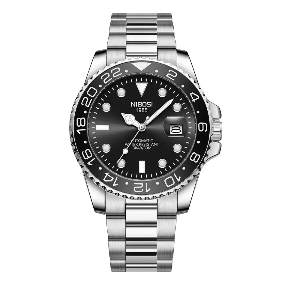 Nibosi Majestic Men's Automatic Watch – Silver & Black