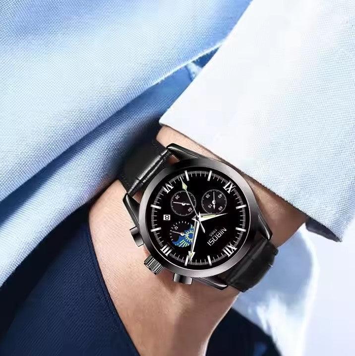 Nibosi Hermes Men's Watch – Leather Strap – Black & Blue