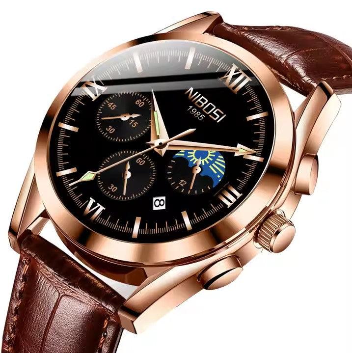 Nibosi Hermes Men's Watch – Leather Strap – Black & Blue