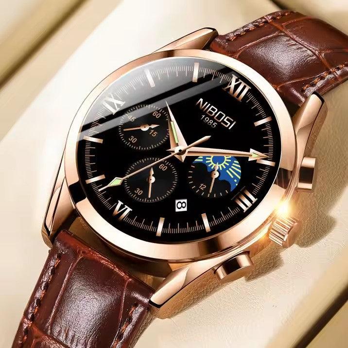 Nibosi Hermes Men's Watch – Leather Strap – Black & Blue