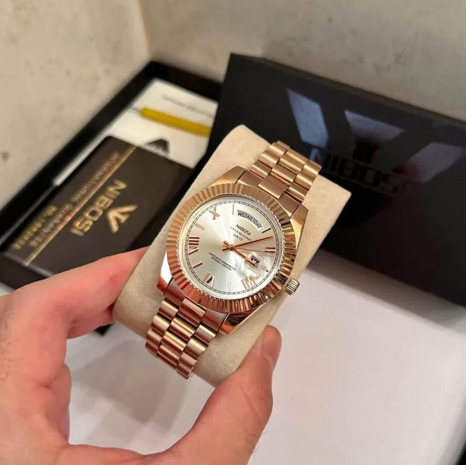 Nibosi Royale Men's Watch – Day-Date – Rose Gold & White